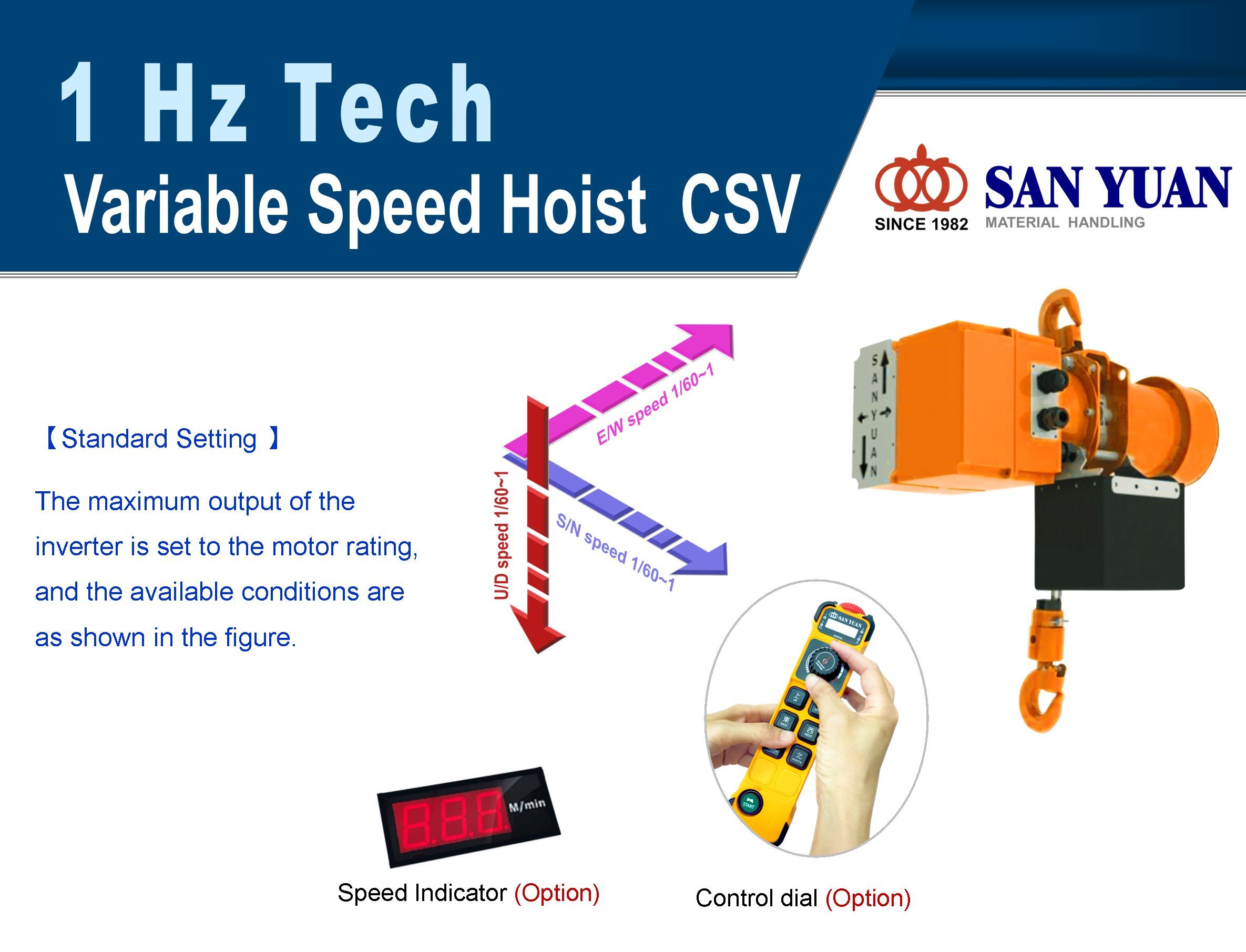 SAN YUAN 三園  三元 CSV 變頻速控鏈條吊車  (500Kg~2噸, 1Hp變頻雙速) 升降採用變頻可調速設計，以達快速搬運&慢速定位需求。